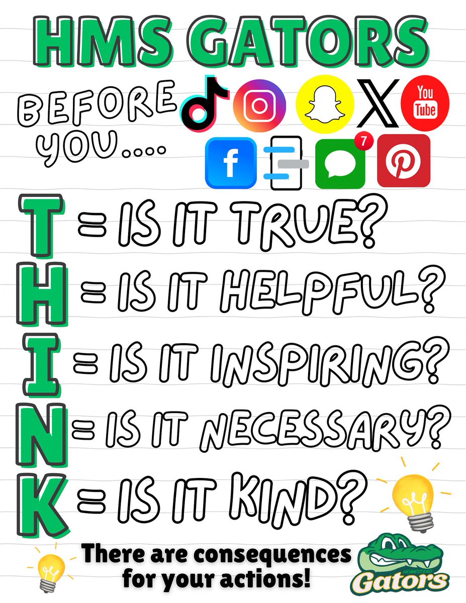 ▶️THINK before we post! 🚨
Social media can be a powerful tool, but it must be used responsibly. Before you hit “send,” ask yourself:
✅ Is it TRUE?
✅ Is it HELPFUL?
✅ Is it INSPIRING?
✅ Is it NECESSARY?
✅ Is it KIND?