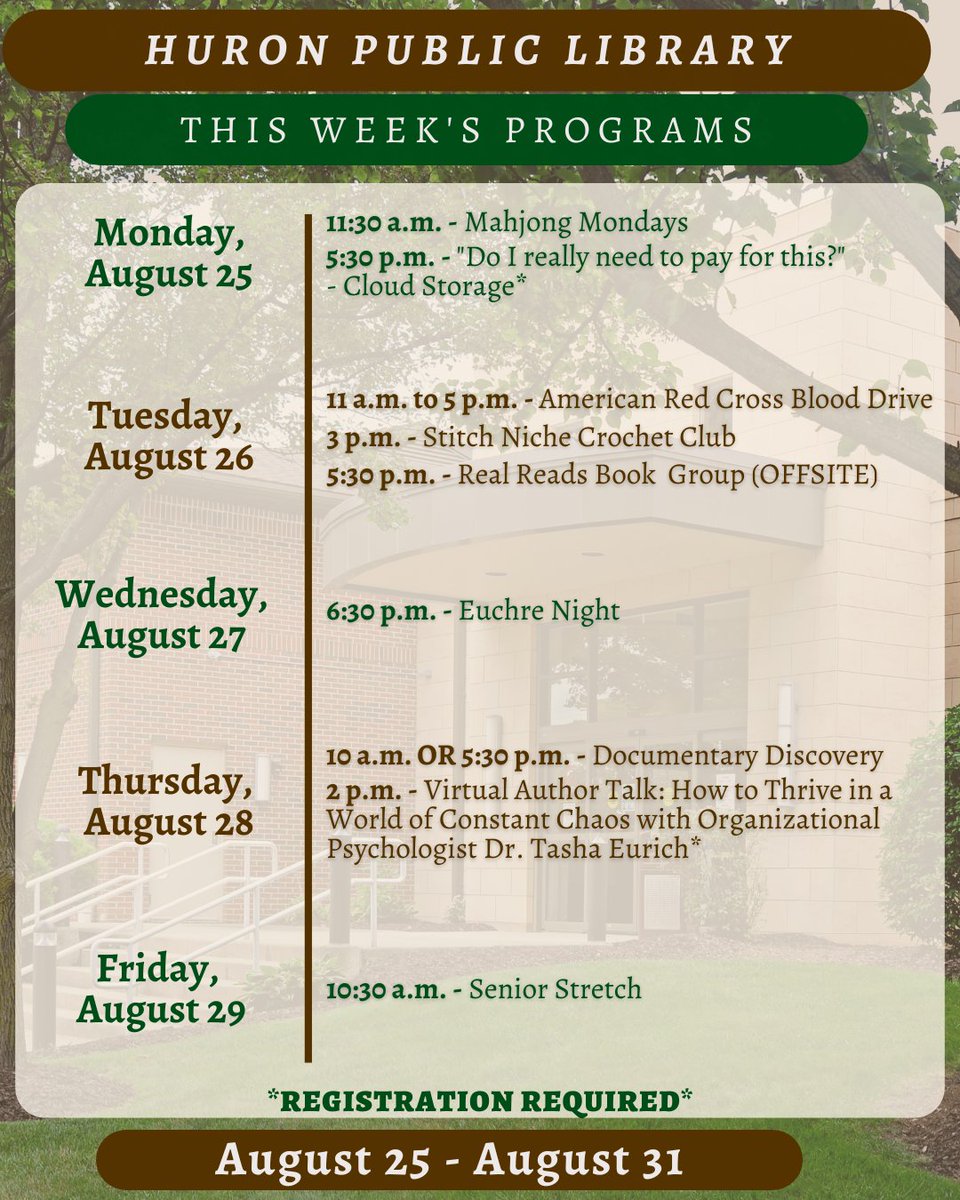 We're at the end of August and have had such a fantastic summer! Take a look at the week ahead and plan how you'll visit the Library for the end of the month!
huronlibrary.libcal.com/calendar/progr…