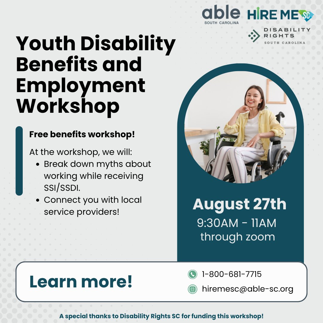 SCDEW (@scdewinfo) on Twitter photo Are you a young person with disabilities interested in going to work or increasing your earnings? Have you been told that doing so would cause you to lose your cash benefits? If so, register for this free workshop that debunks workforce myths and shows the variety of job Are you a young person with disabilities interested in going to work or increasing your earnings? Have you been told that doing so would cause you to lose your cash benefits? If so, register for this free workshop that debunks workforce myths and shows the variety of job