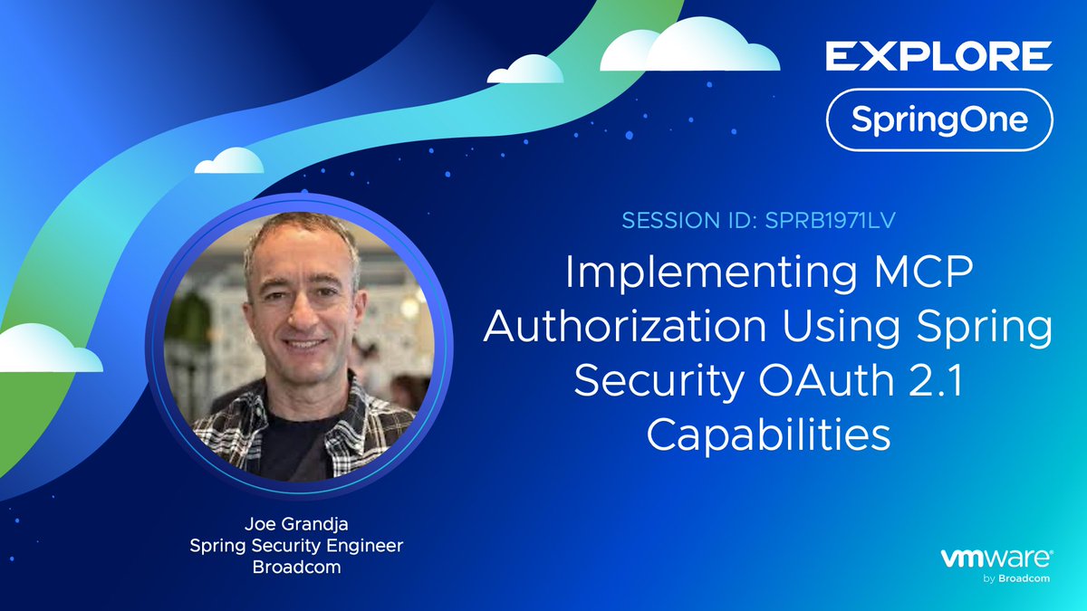SpringOne's tweet image. Unlock the secrets of secure apps! Join @joe_grandja at #SpringOne at #VMwareExplore 2025 and dive into #Spring Security OAuth 2.1 for MCP Authorization. Your apps will thank you! 😉 brcm.tech/45HhUyx