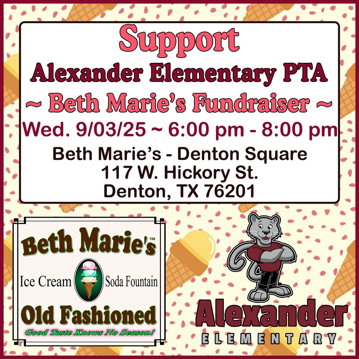 Tonight (09/03/25) we will be holding a fundraiser for Alexander Elementary PTA! They will be at our Denton Square Location from 6 pm - 8 pm. Hope that you stop by and show your love and support!
#bethmaries #fundraiser #icecream #alexanderelmentary