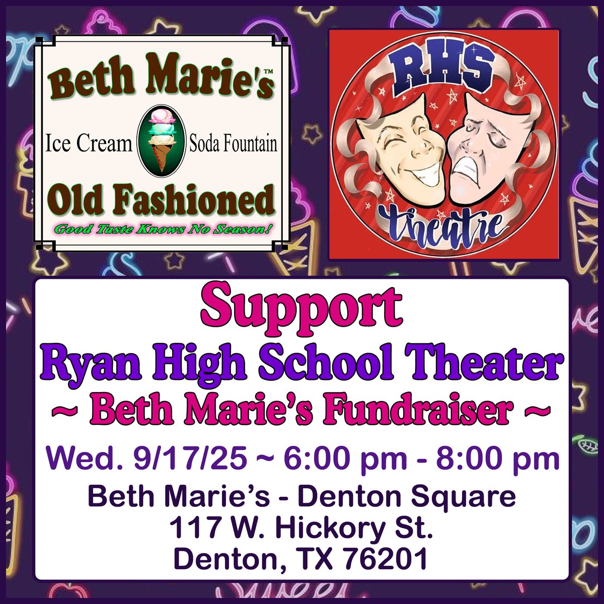 Tonight (09/17/25) we will be holding a fundraiser for Ryan High School Theater! They will be at our Denton Square Location from 6 pm - 8 pm. Hope that you stop by and show your love and support!
#bethmaries #fundraiser #icecream #ryanhighschooltheater