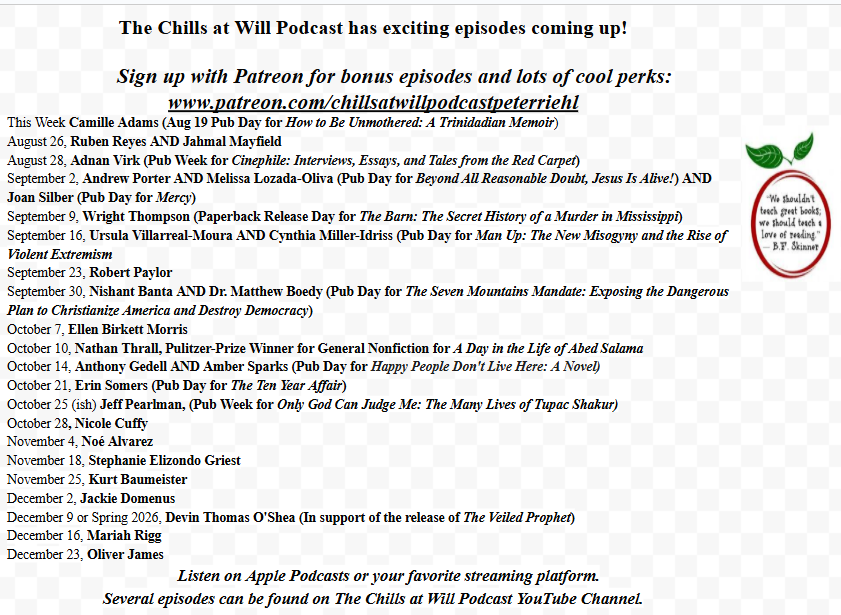 chillsatwillpodcast (@chillsatwillpo1) on Twitter photo Excited to share episodes w/ these standout writers in 2025 and early 2026. Great conversation with <a href="/ellomelissa/">melissa lozada-oliva</a> today-can't wait to share on Sep 2 Pub Day.
Also thrilled to add Jeff Pearlman-let's talk Pac!
All episodes: podcasts.apple.com/us/podcast/the…
Patreon: patreon.com/c/chillsatwill… Excited to share episodes w/ these standout writers in 2025 and early 2026. Great conversation with <a href="/ellomelissa/">melissa lozada-oliva</a> today-can't wait to share on Sep 2 Pub Day.
Also thrilled to add Jeff Pearlman-let's talk Pac!
All episodes: podcasts.apple.com/us/podcast/the…
Patreon: patreon.com/c/chillsatwill…