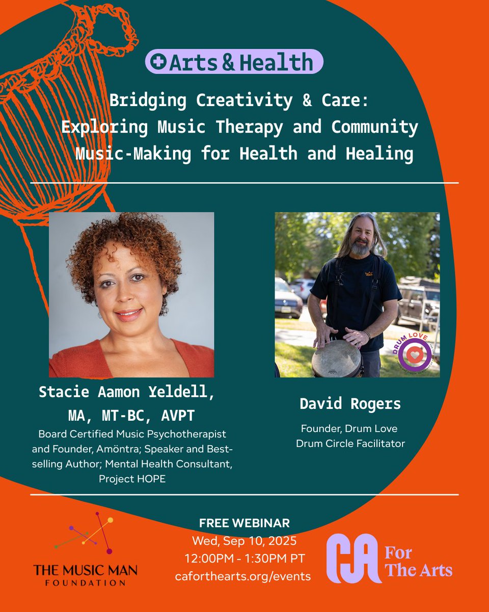 CAfortheArts's tweet photo. Join us for “Exploring Music Therapy and Community Music-Making for Health and Healing,” the first webinar in our new “Bridging Creativity & Care” series as part of our Arts & Health Initiative. This webinar emphasizes the powerful role of music in supporting health and well-being in both clinical and community settings. Through presentations and experiential activities, we will explore shared values, key distinctions, and opportunities for collaboration across sectors.

Whether you're a musician, healthcare provider, educator, or simply interested in music’s role in health, this session will provide valuable insights on how music supports mental, emotional, and social well-being across all levels of care.

Hop into the conversation on Wednesday, September 10, 2025, from 12 PM - 1:30 PM PT! Free with registration.

Register today: https://t.co/zmSaTdFlrx