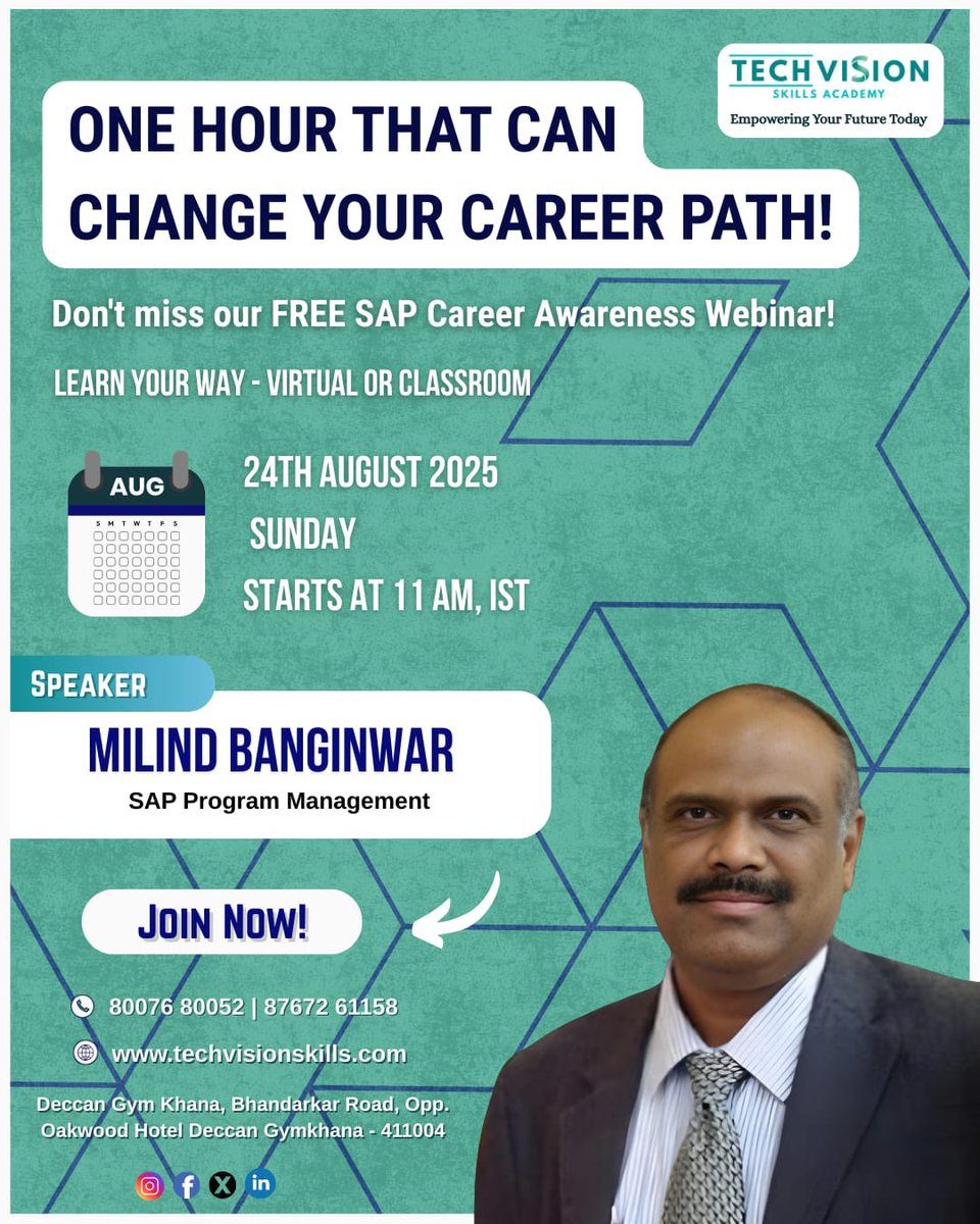 techvisionllp's tweet image. ⏰ Just 1 Hour to change your career path!
Join our FREE SAP Career Awareness Webinar 🎓

📅 24th Aug 2025 | 🕚 11 AM IST
🎤 Speaker: Milind Banginwar (SAP Program Management)

🔗 techvisionskills.com

#SAP #CareerGrowth #Webinar #TechVisionSkills