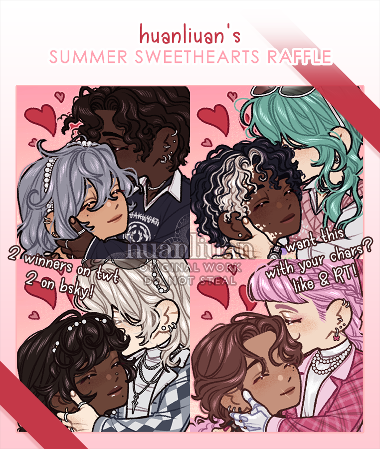 💗 Summer Sweethearts YCH Raffle 💗

I want a few more samples before I officially re-open these as comms so... !!

〃 RT + like 
〃 follow optional (must be able to DM you obv.)
〃 2 winners each on twt and bsky

📆 ends 25/08/25 😙🌟

#raffle #artraffle