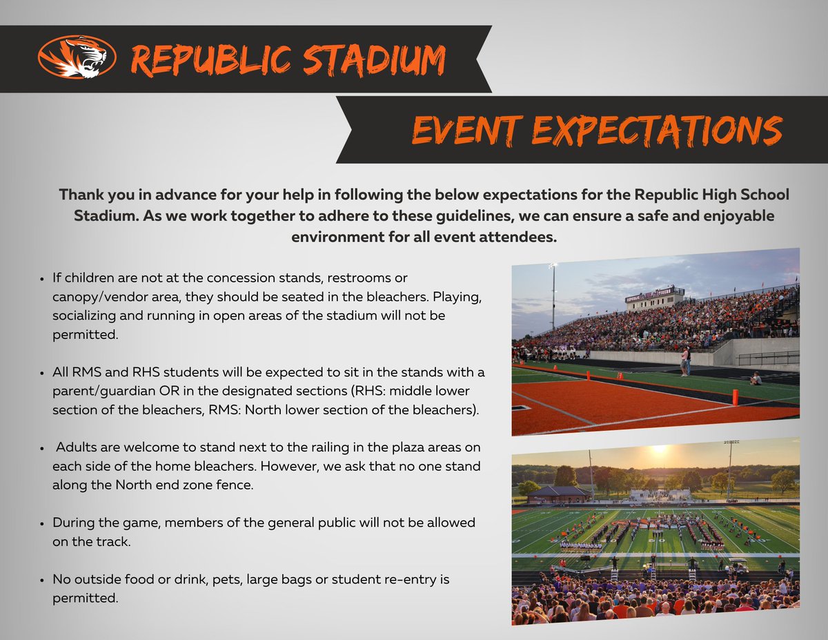 RepmoAthletics's tweet photo. The Republic High School football team will have its home opener NEXT Friday! 🏈🐾 Kickoff will be at 7:00 p.m.
Thank you in advance for your help in following the event expectations listed below so we can ensure a safe and enjoyable environment for everyone! #RepMOProud 🐅 https://t.co/RsW11y1chf