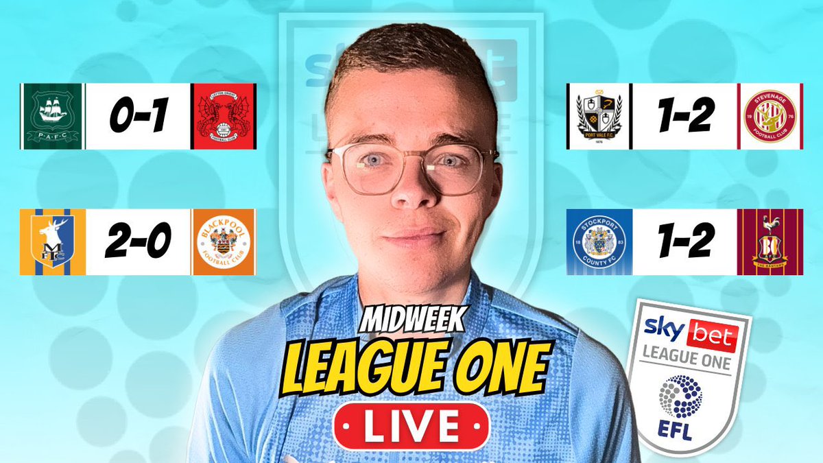 TONIGHT! 

League One MIDWEEK! 😍⚽️

GOALS IN EVERY GAME! 😮‍💨

Stevenage late late show keeps them perfect so far..

Wins for Huddersfield and Luton at home…

Barnsley Cardiff and Lincoln dig it out away..

Join us live at 8pm! 

youtube.com/live/KyV3-ytvs…