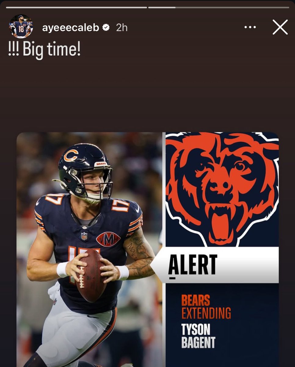 #Bears QB Caleb Williams reacting to Tyson Bagent’s contract extension:

“!!! Big time!”