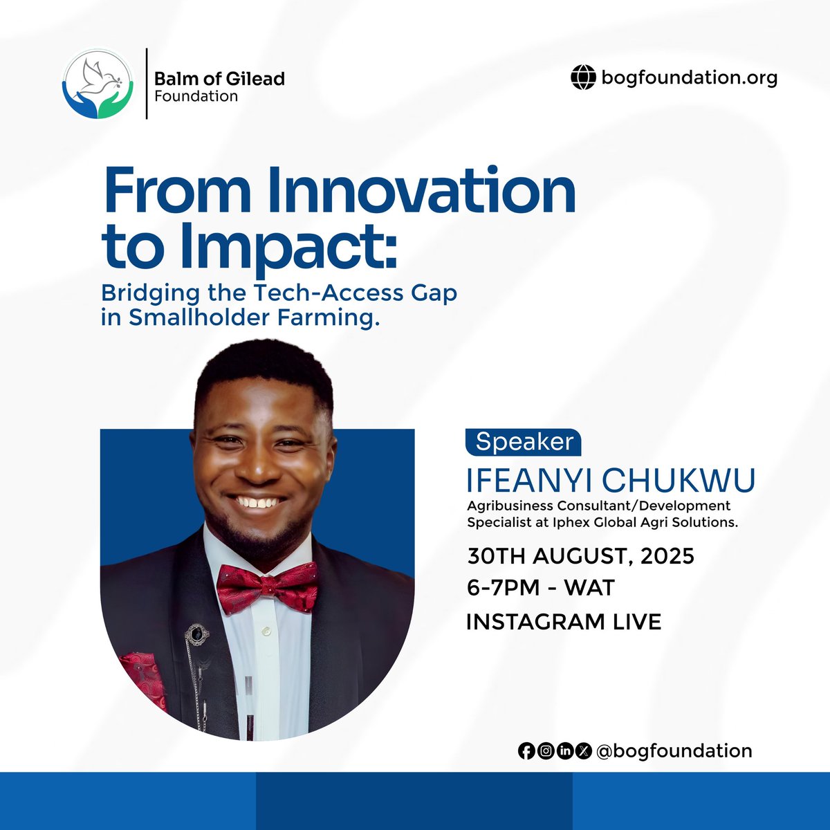 bogfoundation's tweet photo. Following up on our last discussion on achieving zero hunger, we're getting specific.
Join Agribusiness Specialist Ifeanyi Chukwu and our dynamic moderator, Mercy Isah, as they break down how we can turn innovation into tangible impact.
#bogfoundation
#agritech
#foodsecurity https://t.co/D20zn682du