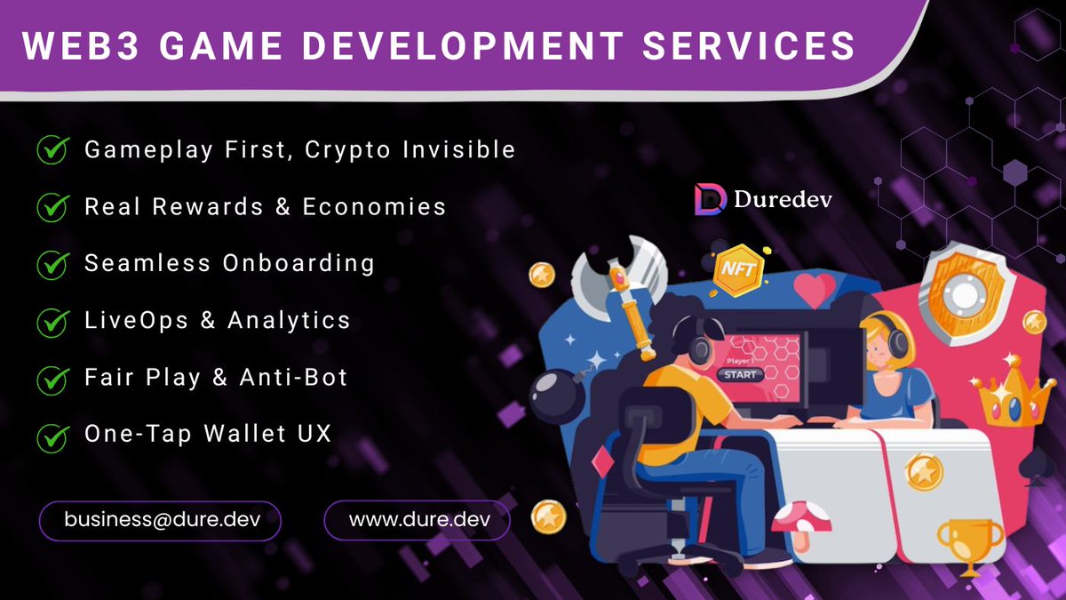 DureDev's tweet image. Make crypto invisible. Keep gameplay front-and-center. 🎮
Our guide to web3 game development services: onboarding that feels Web2, fair rewards, LiveOps that scale. 
Read Our Blog  👉
medium.com/@Duredev/web3-…
#Web3Gaming #BlockchainGameDev #NFTGaming #GameDesign