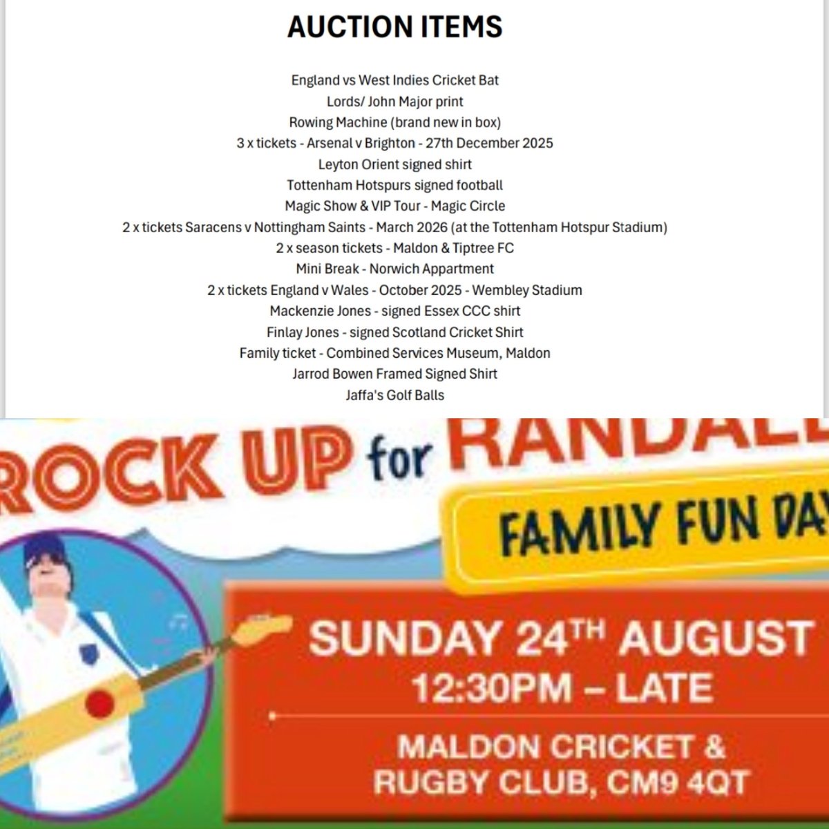 Rock up for Randall - Auction Items
If you can't make it Sunday and are interested, please email your name, mobile number + bid to leem@davidrandallfoundation.org
Proceeds towards DRF"s "Good Days" program, supporting Essex people living with life limiting conditions.
#charity