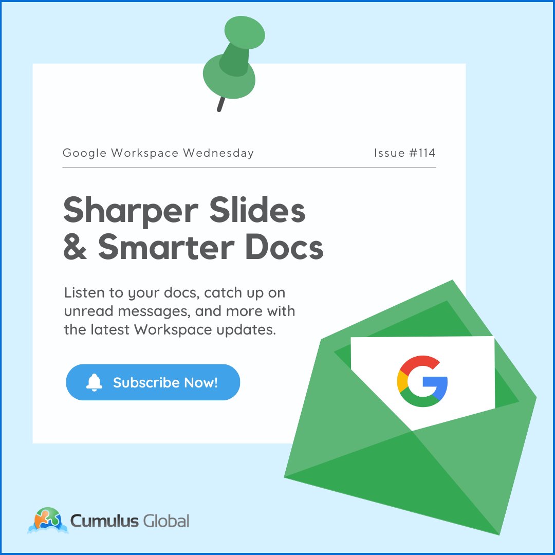 allenfalcon's tweet image. 🎧📄 Turn text into audio! Gemini can now read your documents aloud in Google Docs. 

Explore more news in our latest #GoogleWorkspaceWednesday Bulletin ➡️ jump.cumulusglobal.com/3JItfH1 

#GoogleWorkspace #GeminiAI #Productivity #AI #ManagedCloudServices #SmallBusiness