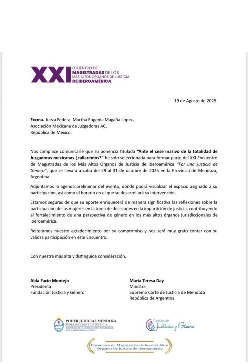 Muy emocionada de poder asistir al encuentro de Magistradas de los más altos órganos de Justicia de Iberoamérica para hacer visible la situación de las Juezas mexicanas. 

Ante el cese masivo de la totalidad de Juzgadoras mexicanas ¿callaremos?

Nos vemos en Argentina 🇦🇷