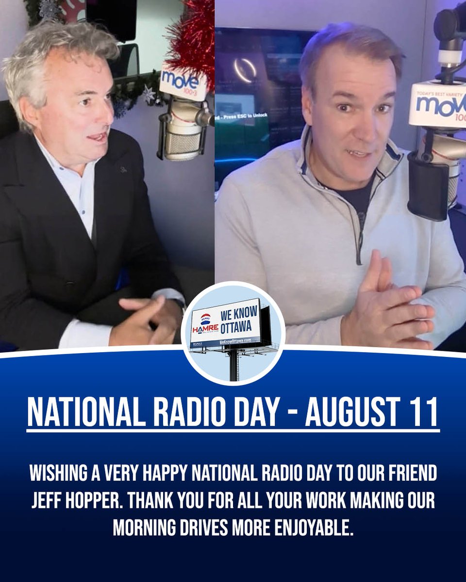 HamreREMAX's tweet photo. Did you know today is National Radio Day? 📻
👉Wishing our friend Jeff Hopper from Move 100 a very happy National Radio Day.
Tune in every morning to Move 100.3 to hear our stories from the Ottawa real estate market, as well as some great tunes! 🎧
#NationalRadioDay #Move100 https://t.co/TYtuXrtnt5