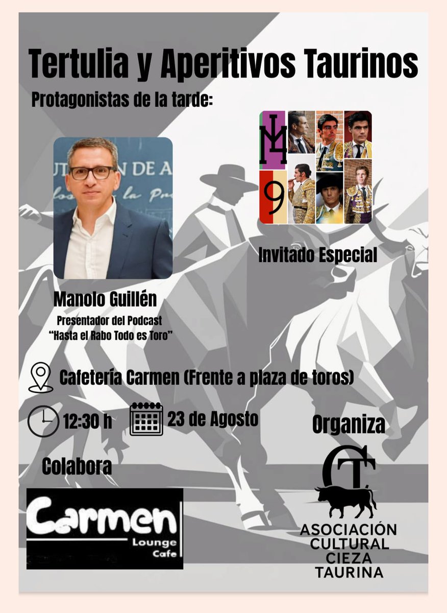manolicoguillen's tweet photo. Este fin de semana tenemos una cita en Cieza.
Reapertura de la plaza de toros de La Deseada después de cinco años sin actividad.
Y la inauguración de las Tertulias y Aperitivos Taurinos de la Asociación Cieza Taurina.
Allí nos vemos.
Dios mediante siempre. https://t.co/i44g9FPs1I