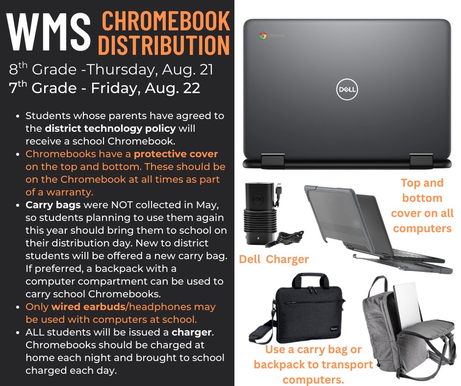 Chromebooks will be handed out Thursday and Friday at WMS. See the graphic for details!