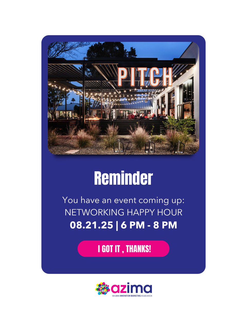 JoinAZIMA's tweet image. There’s Still Time to Register!

Our AZIMA Networking Happy Hour is just around the corner, and we’d love to see you there.

📍 PITCH (6350 E Thomas Rd, Scottsdale, AZ 85251)
📅 August 21, 2025
🕓 6:00 PM - 8:00 PM
🍸 Complimentary beverages and food provided.