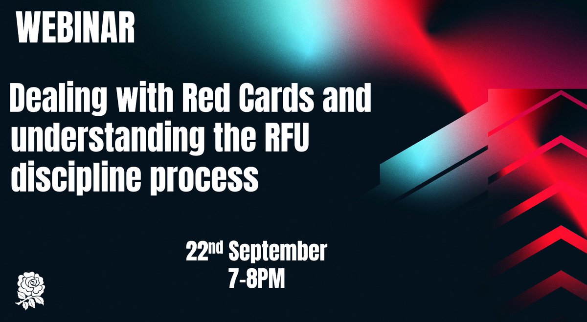 WEBINAR: Dealing with Red Cards and understanding the RFU discipline process
22ndSeptember
7pm-8pm
Register here: us06web.zoom.us/webinar/regist…