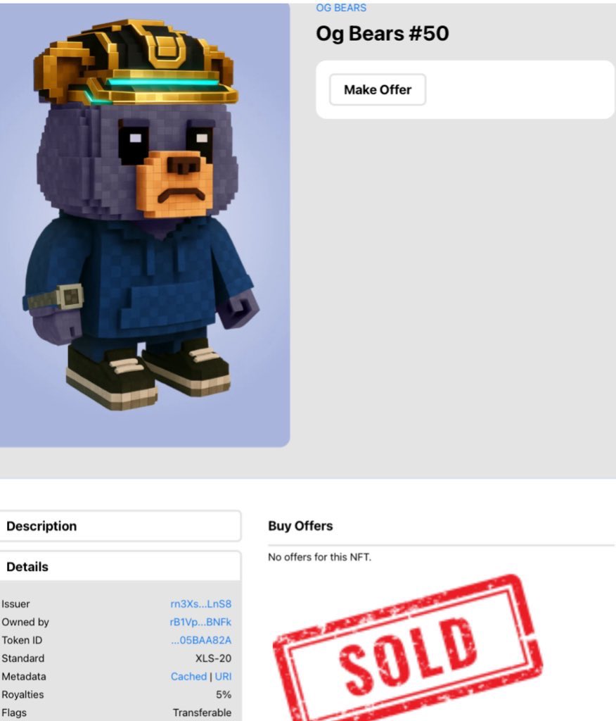 🐻✨ Cute Voxel OG Bear #50 Minted! ✨🐻

Mint Link : xrp.cafe/collection/og-…
For the first time ever on XRPL the original 3D Voxel OG Bears are here! 🏆
Backed by the real utility token $OGBEAR 💎
Now Mint price is 4 Xrp 
🔥 Mint any number of NFTs to get exclusive early access