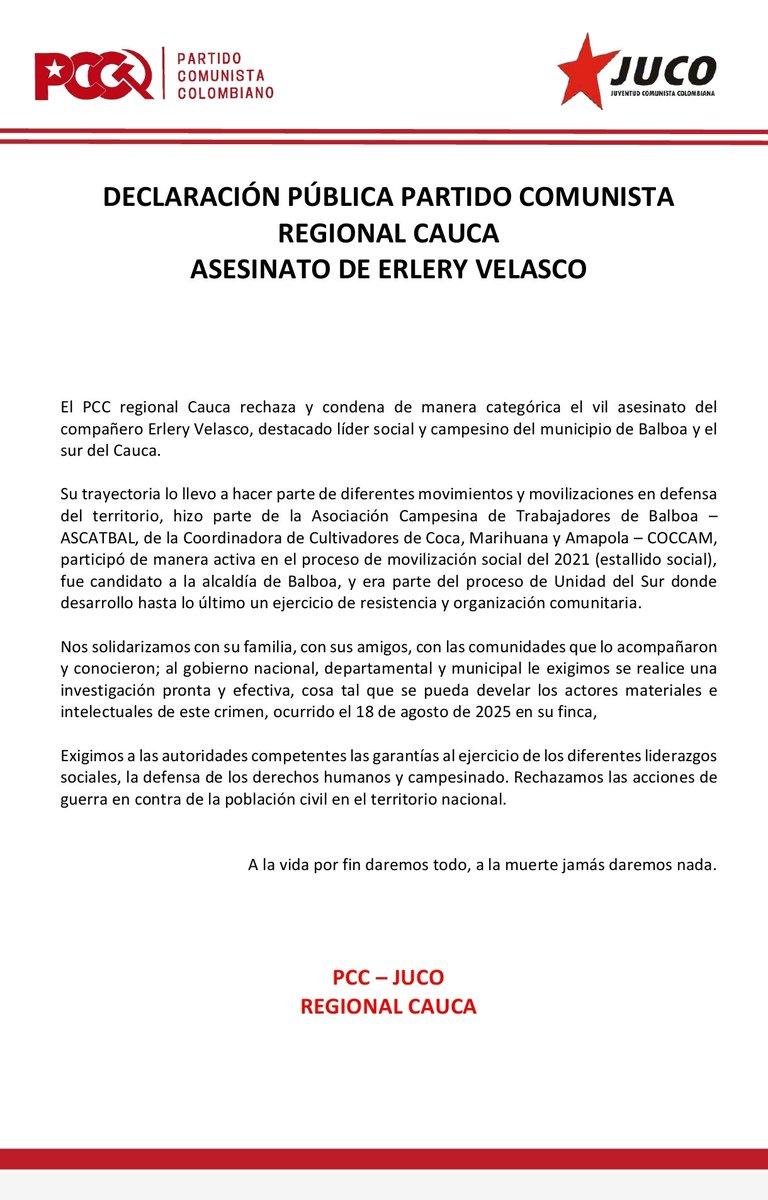 El PCC reg. Cauca rechaza y condena de manera categórica el vil asesinato de Erlery Velasco, líder social y campesino de Balboa. Exigimos a las autoridades competentes las garantías al ejercicio de los diferentes liderazgos sociales, la defensa de los DDHH y campesinado.