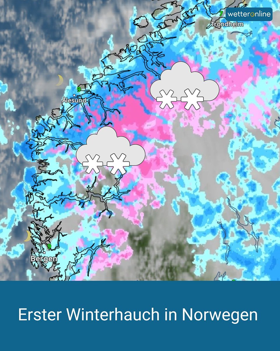 WetterOnline's tweet image. ❄️ Erster Schnee in Norwegen! 🌨️🏔️
Die Schneefallgrenze sinkt auf 1000 m – Winterfeeling pur.
➡️ to.wetteronline.de/norwegen-schnee 

#Norwegen #Schnee