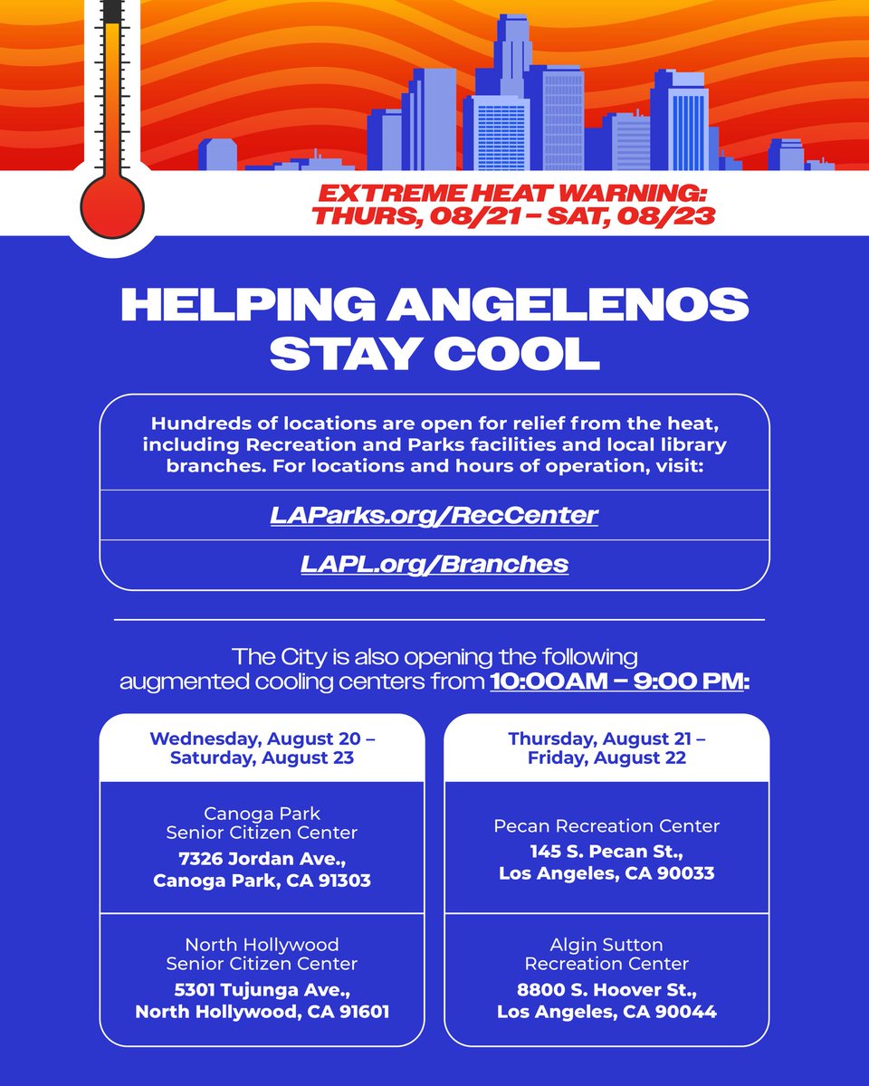 Mayor Karen Bass (@mayorofla) on Twitter photo Hundreds of locations are open for Angelenos seeking relief from the heat at our <a href="/LACityParks/">City of LA Department of Recreation and Parks</a> and <a href="/LAPublicLibrary/">L.A. Public Library</a> branches.
For locations and hours of operation, visit laparks.org/reccenter and lapl.org/branches. Or dial 3-1-1. Hundreds of locations are open for Angelenos seeking relief from the heat at our <a href="/LACityParks/">City of LA Department of Recreation and Parks</a> and <a href="/LAPublicLibrary/">L.A. Public Library</a> branches.
For locations and hours of operation, visit laparks.org/reccenter and lapl.org/branches. Or dial 3-1-1.