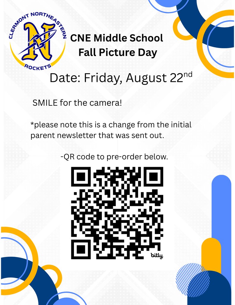 CNE Middle School Families!

Picture day is this Friday, August 22nd. 
Preorder here: bit.ly/mspictureday