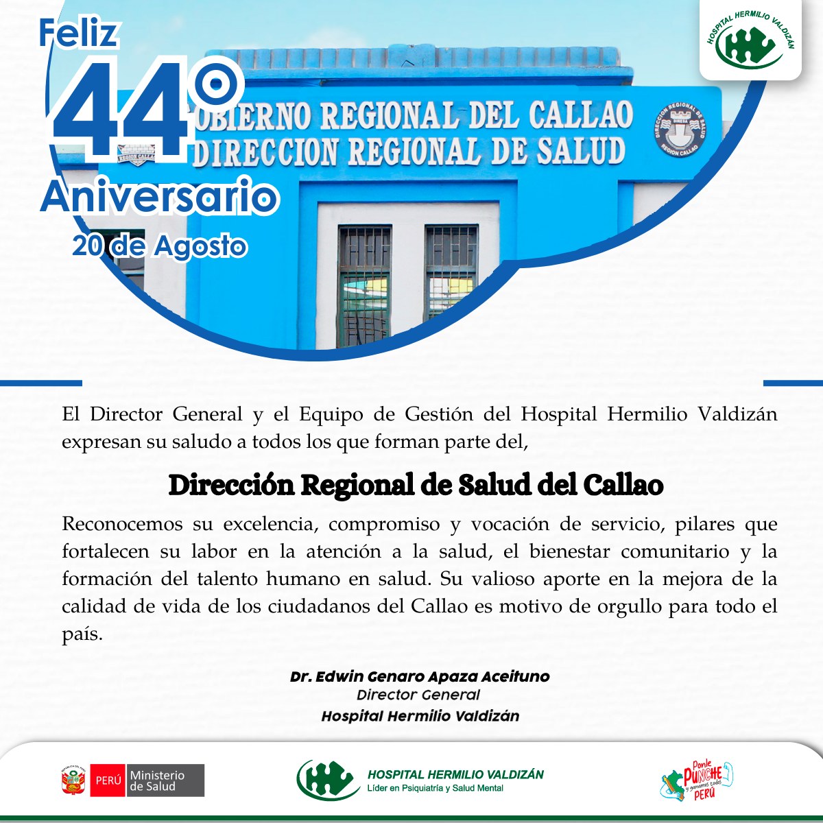HHVALDIZAN's tweet photo. La Dirección General y el Equipo de Gestión del Hospital Hermilio Valdizán, expresan su más cordial y afectuoso saludo a todos los que forman parte del:
@DiresaCallao Dirección Regional de Salud del Callao. https://t.co/C57bn0zufa