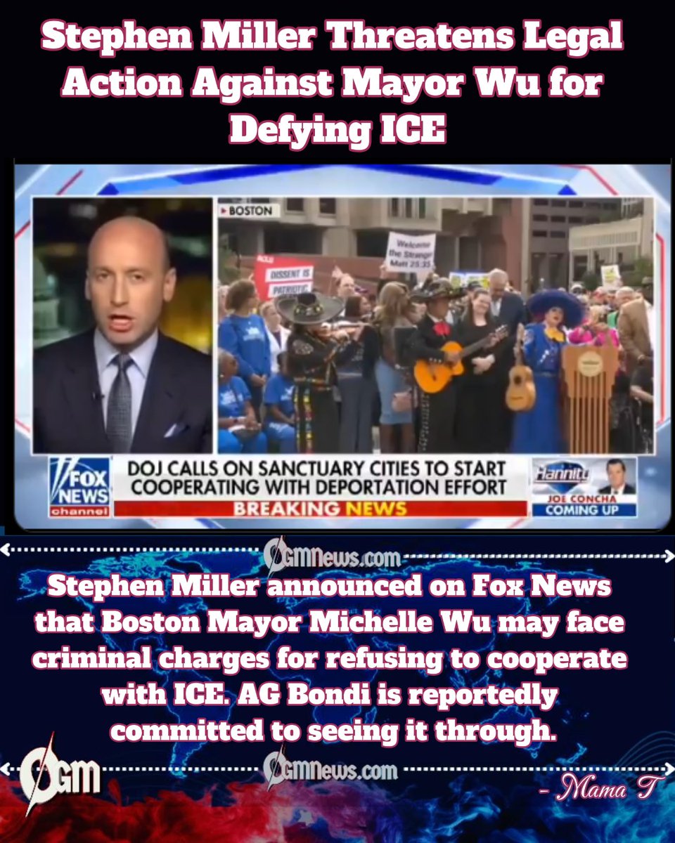 OGM_News's tweet image. Stephen Miller Threatens Legal Action Against Mayor Wu for Defying ICE
Boston’s sanctuary policy is at the center of controversy. Federal officials say criminal charges are possible if Mayor Wu doesn’t comply with ICE requests.
#ImmigrationPolicy #BostonMayor #ICE #LegalNews
