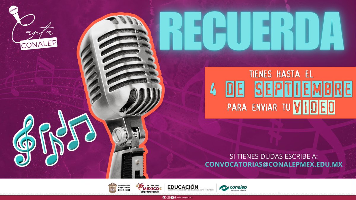 🎶 ¡Tu voz tiene cita con el éxito! Sube tu video a tiempo y prepárate para la gran final de Canta CONALEP 🏆

📝 Regístrate antes del 4 de septiembre
👉 bit.ly/CantaCONALEP20…

#Concurso #Canto
#ApasionadamenteCONALEP #OrgullosamenteCONALEP #ElPoderDeServir