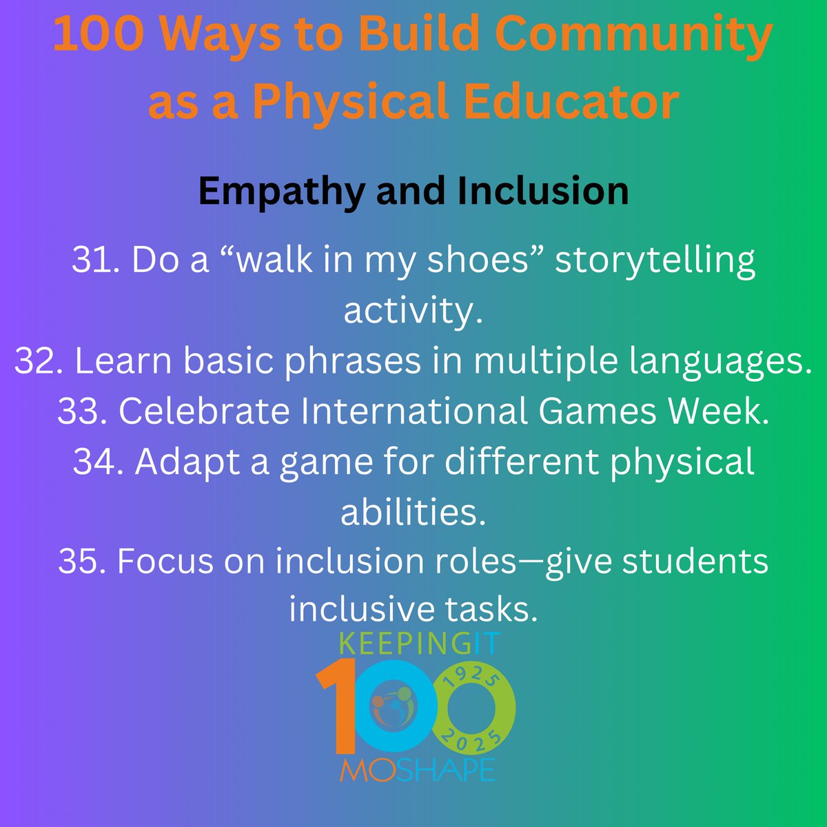 MOSHAPE1's tweet photo. WE ARE BACK!

@crestfit2021 and the Equity, Diversity, and Inclusion Committee have created 100 Ways to Build Community as a Physical Educator. Check out 31-40 below and stay tuned for more!!

#KeepinIt100💯 https://t.co/dcM2e8YwnQ