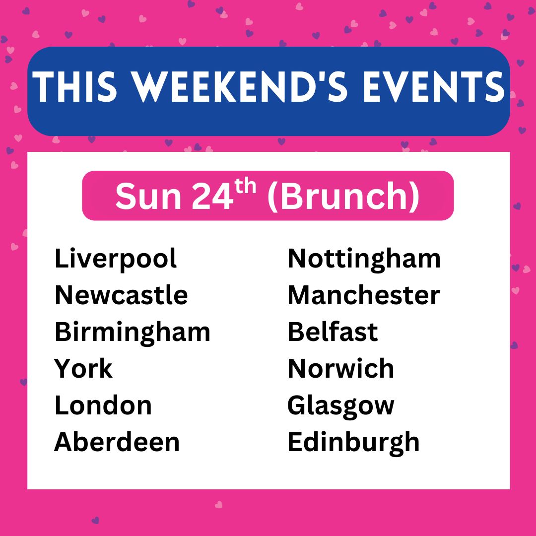UnifiedDating's tweet photo. Here are the locations and dates for this weekend's events! ❤️ For more info and to book: https://t.co/imk8AMO0A7 #unifieddating #Liverpool #Nottingham #Newcastle #Manchester #London #Belfast #Birmingham #Norwich #York #Exeter #MiltonKeynes #Worcester #Brighton #Edinburgh https://t.co/RtO9f0cm4v