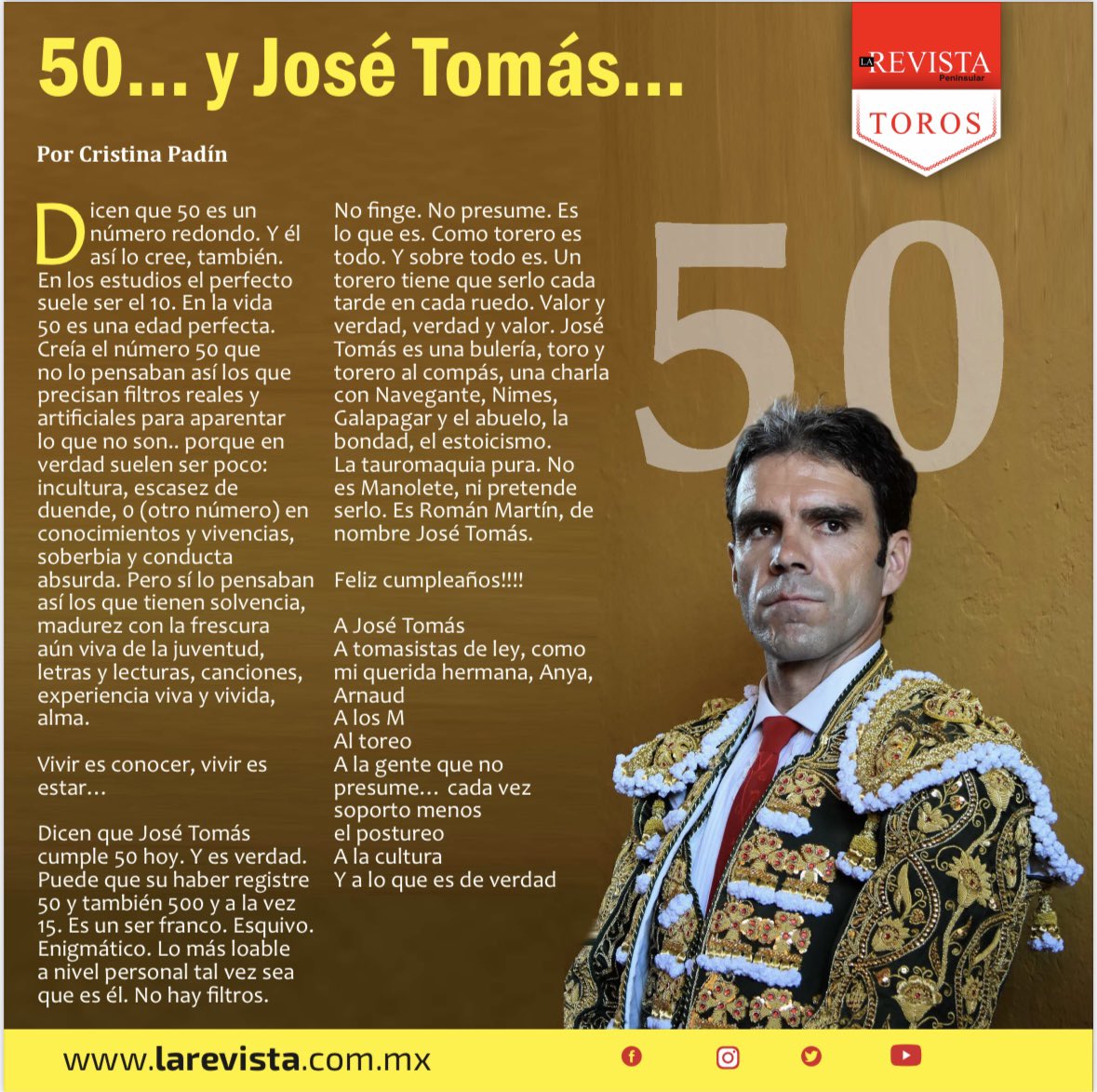 Vi tantas veces a José Tomás.. doy gracias por ello.. Nimes, Madrid, Granada, Aguascalientes.. La México hasta el reloj.. Me gusta porque está siempre y no un día sí y siete no..
Y me quedo con sus palabras: de esto (la pobreza) se sale..
Genio y generoso.. y sin alardeo..