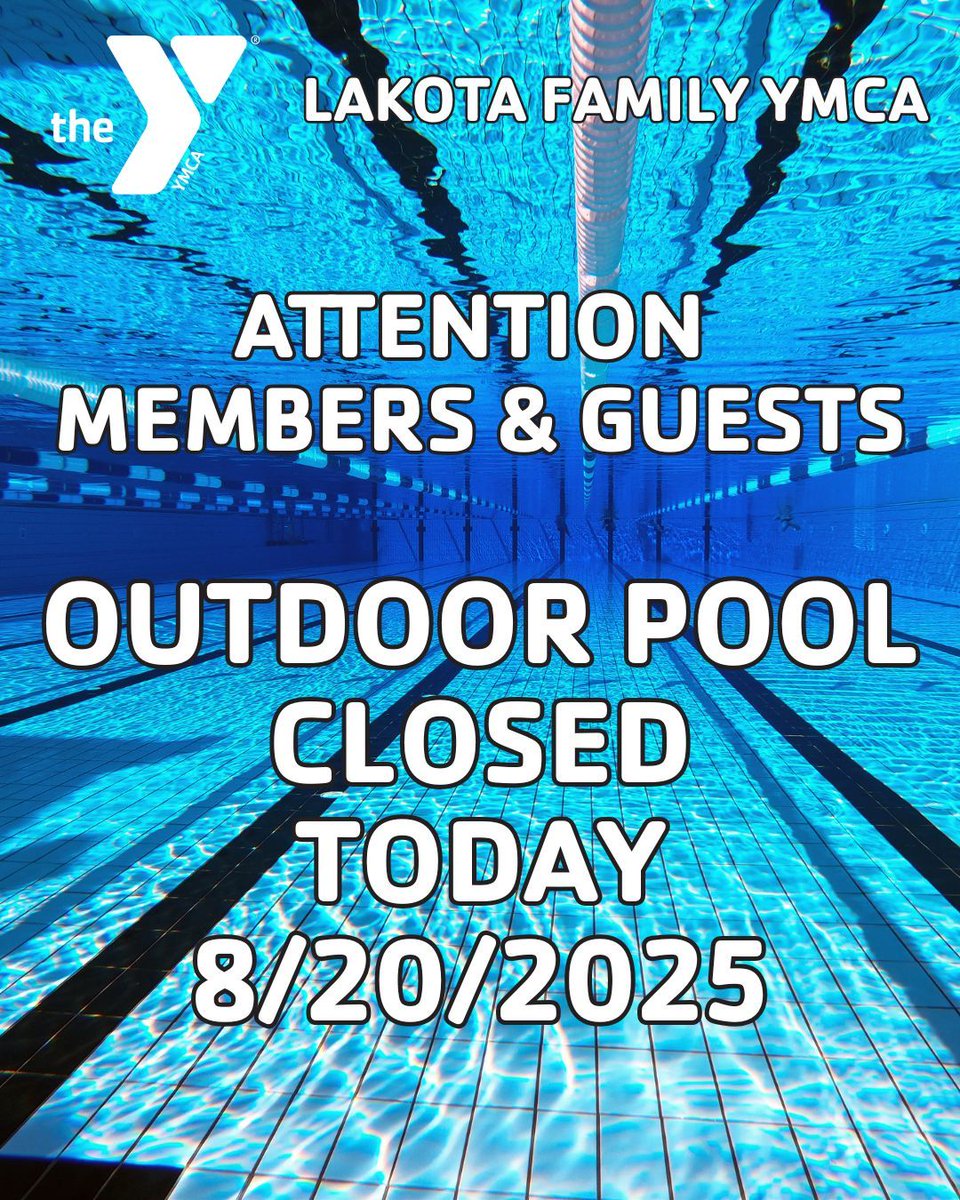 🚨 ATTENTION MEMBERS &amp; GUESTS 🚨

The Outdoor Pool will be CLOSED today (Wednesday, August 20, 2025).

We apologize for any inconvenience and appreciate your understanding. 💙
Please check back for updates, and thank you for being part of our Y family!