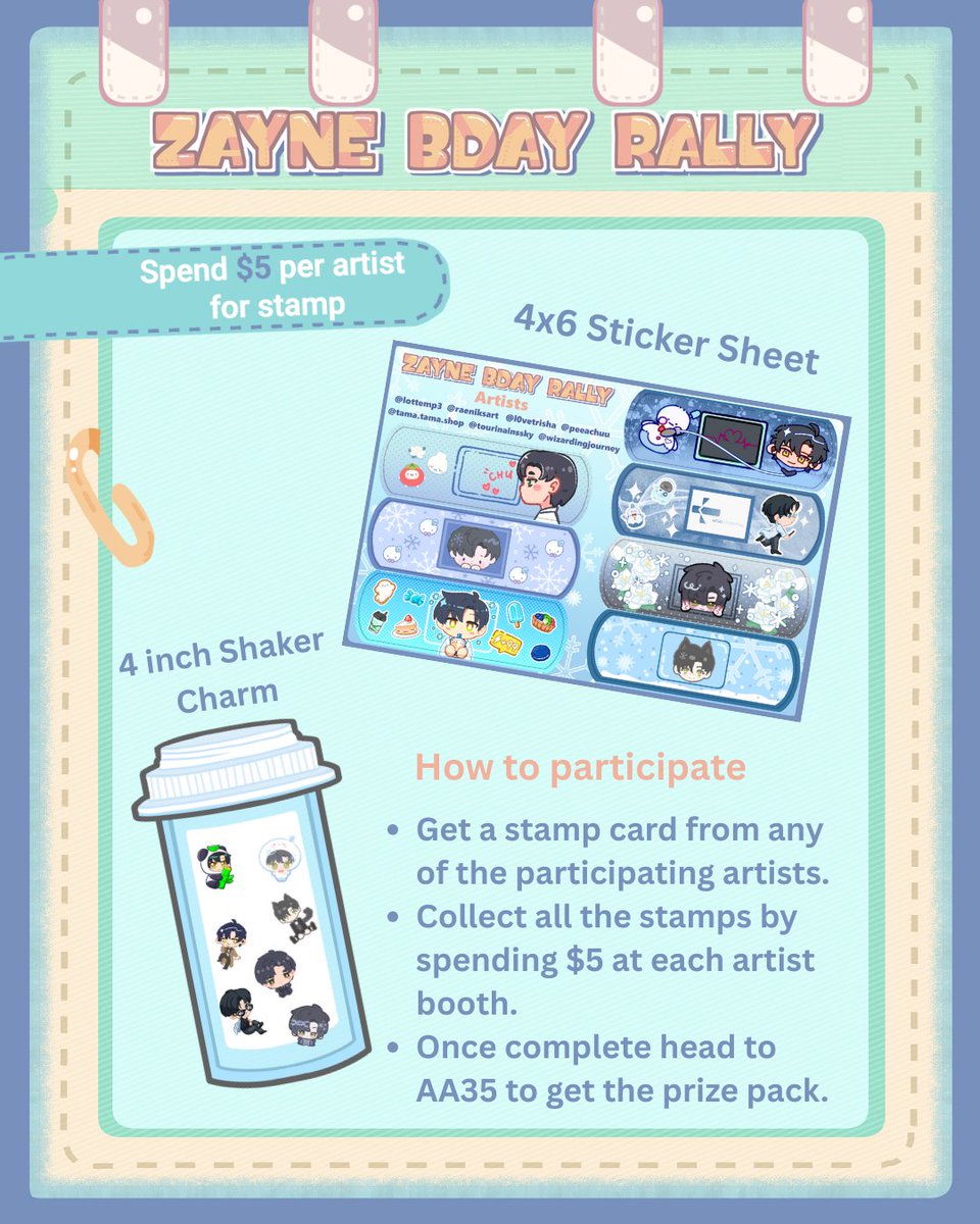 wizardjourney's tweet photo. ❄️Come join our Zayne Bday Stamp Rally!❄️

How do you get stamps?
Spend $5 at each artist booth to get the prize pack. 

What is included? 
One 4 inch daily dose of zayne shaker charm 
One 4x6 bandage sticker sheet 

(While supplies last) 

 #animeimpulseoc2025  #zaynelads https://t.co/bLsKr7swFz