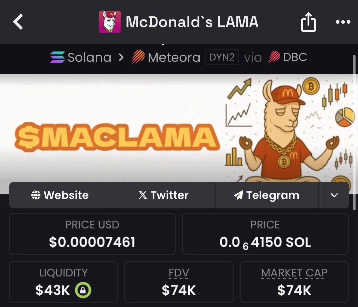 _ben_338_'s tweet photo. Dropped #MACLAMA at an $74k market cap in my private TG
⛓️Chain #Solana https://t.co/3zyKSczZl2