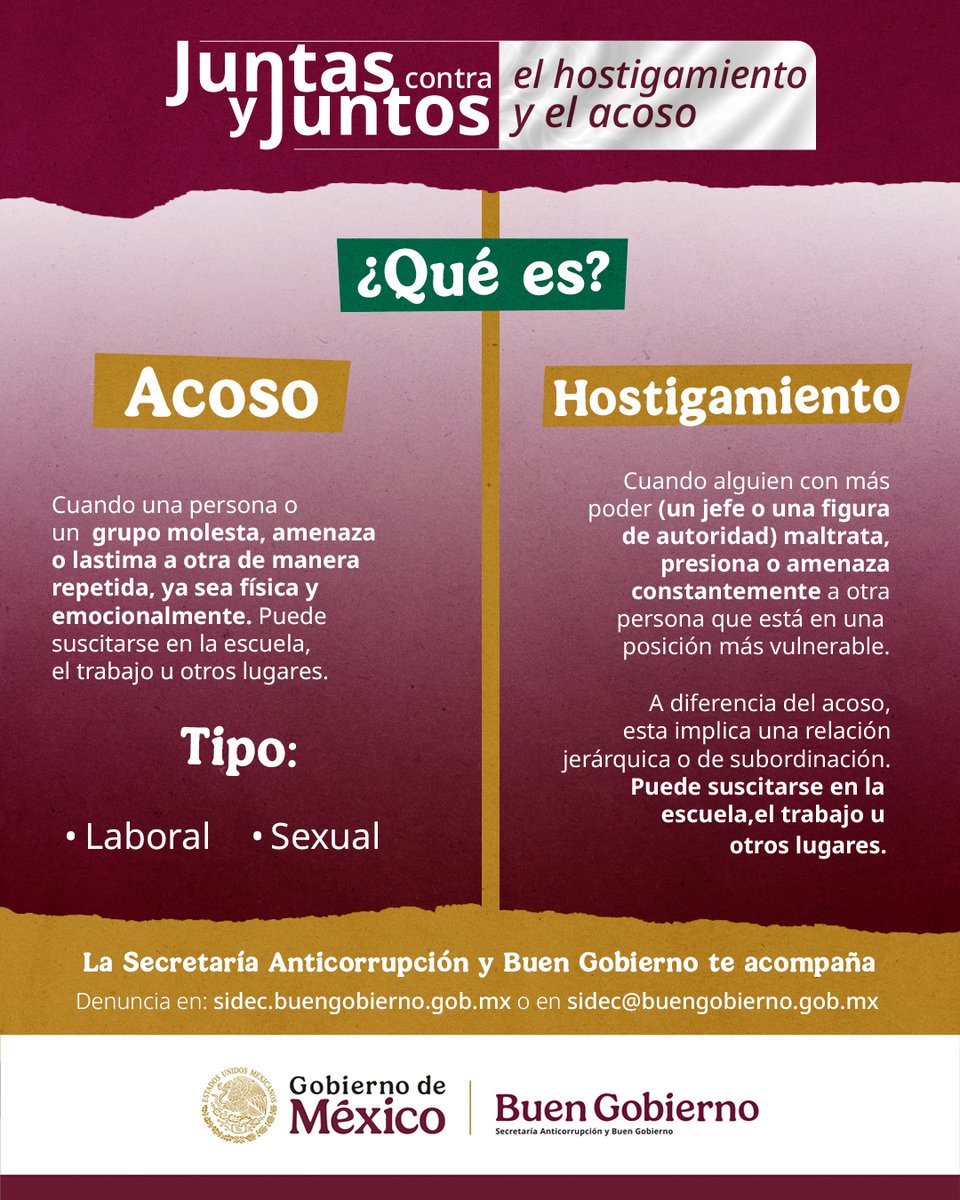 🚨 El acoso y el hostigamiento no son conductas normales, son formas de violencia que debemos erradicar.

¡Identifícalas y denuncia! 📢

#ContraHostigamientoyAcoso #NoEsNormal