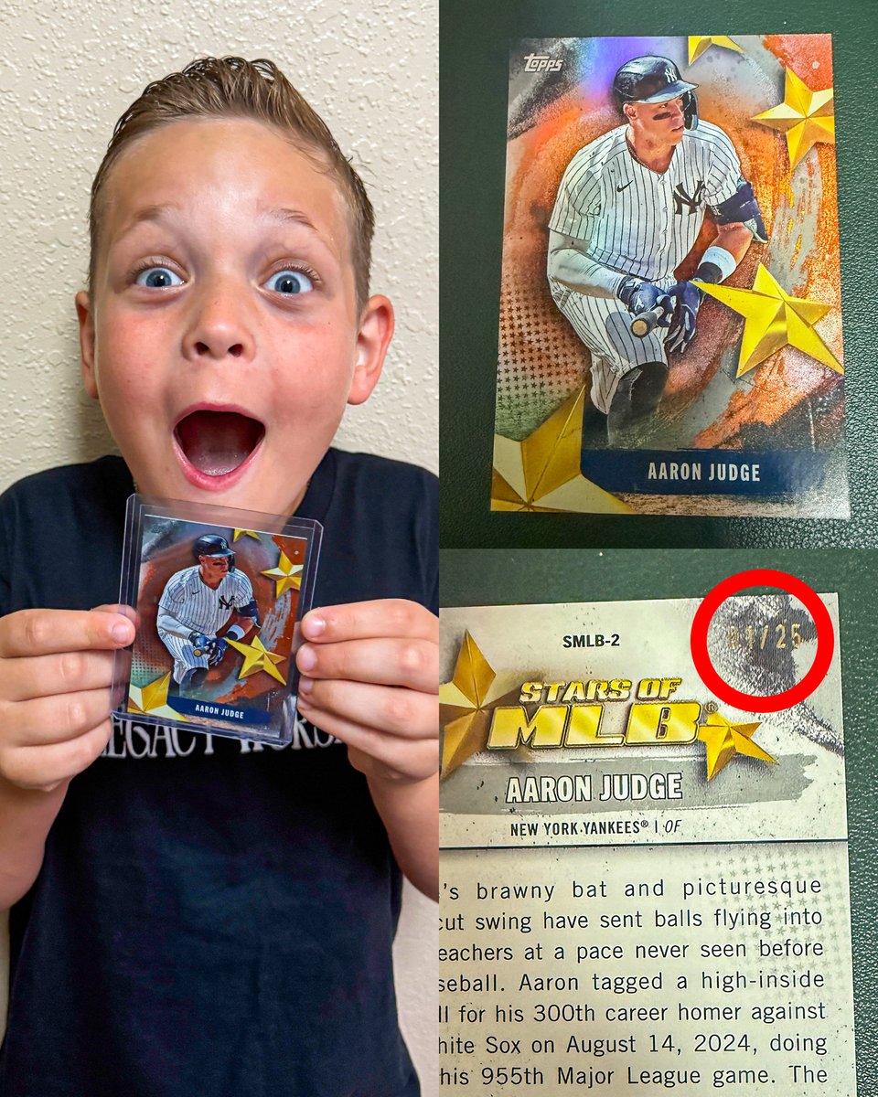 BEST DAY EVER ❤️ 

6-year-old Oliver was running errands with his dad at their local Ace Hardware when he picked out a fat pack at the register. They opened it in the car, and inside was a super-rare Aaron Judge card limited to 25!

Let’s go, Oliver! 👏