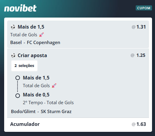 🇪🇺 Duplinha de Gols da tarde #UCL

Basel x FC Copenhagen +1,5 Gols 1.34

Bodo/Glimt x Sturm Graz +1,5 Gols na partida e +0,5 Gols no 2º tempo 1.23

🎯 Odd. 1.63 | 1u

🔗Novibet: app.affiliabet.com/v/15917