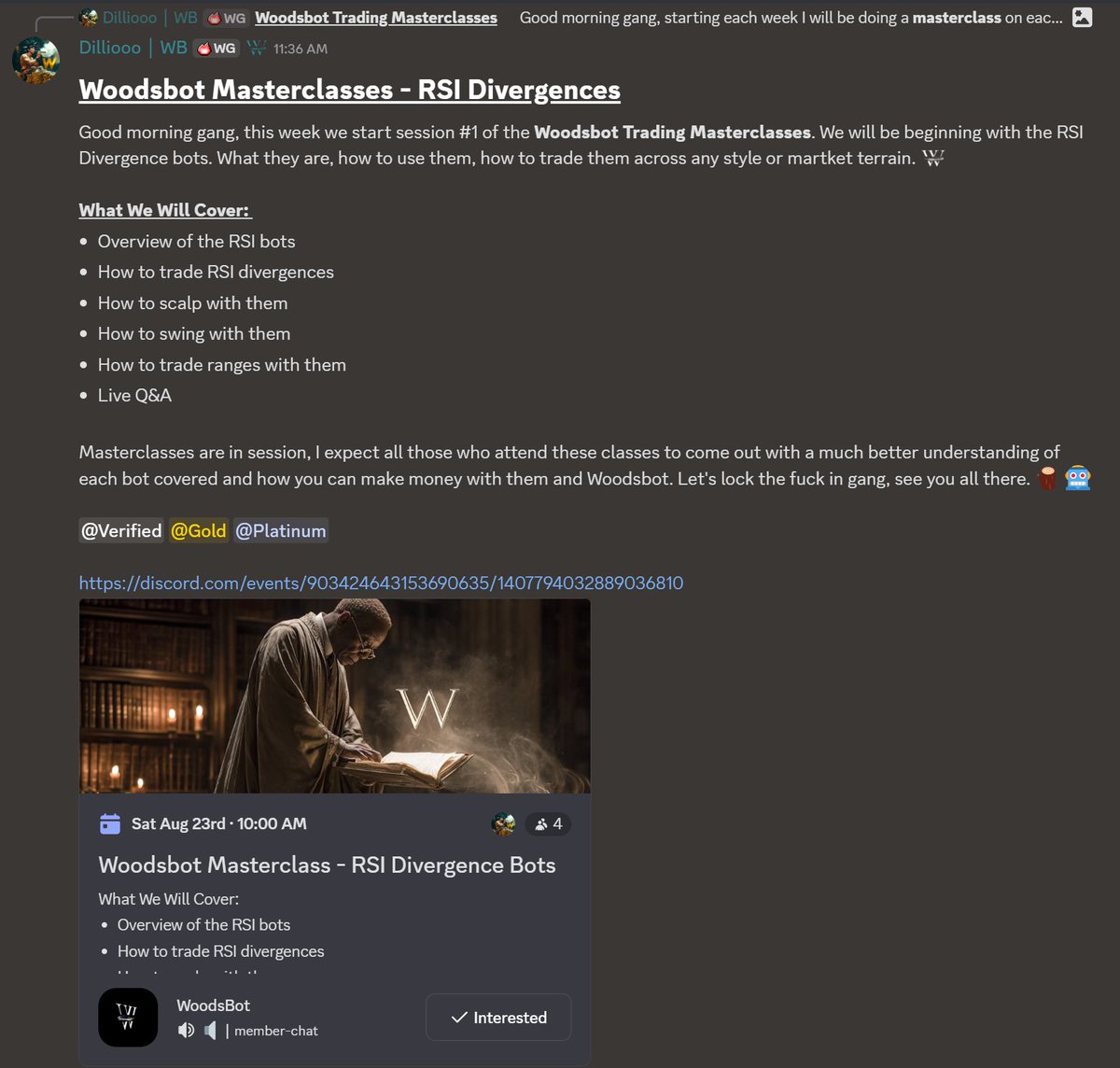 The first session of the <a href="/w00dsbot/">WoodsBot</a> Masterclasses will take place this Saturday at 1PM EST. 🗓️

If you want to learn about the bots that we offer and how they can make you money join the Discord today and attend our masterclasses. ✍️

Let's lock in. 🪵🤖