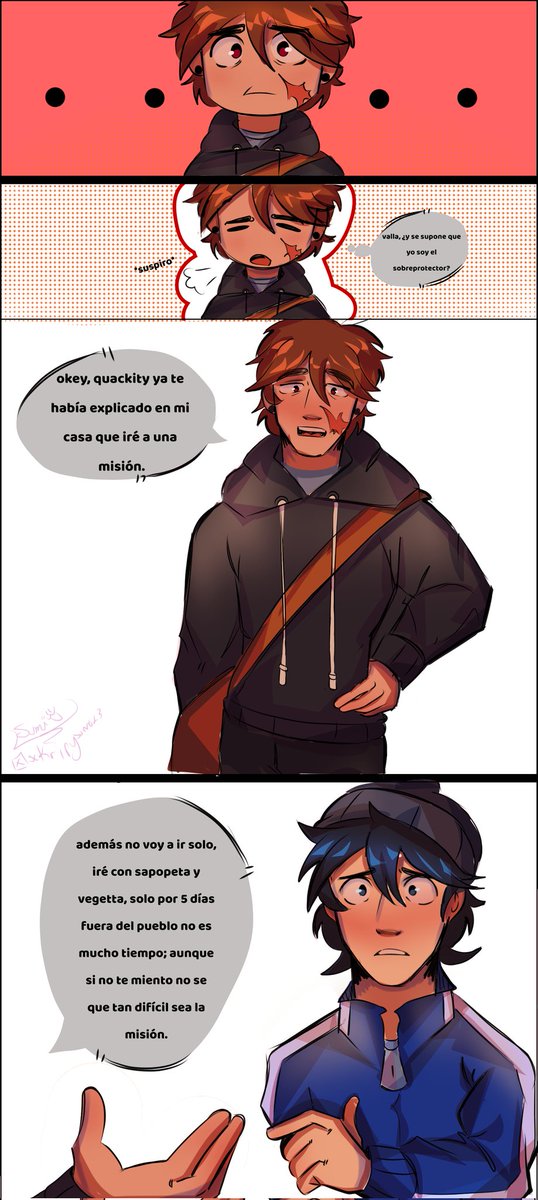 sckripysumo's tweet photo. "Misión" mini cómic 
part: 1

[Contexto: luzu recibe una misión asignada por merlon,se lo cuenta a quackity pero al compartir los detalles le parece muy arriesgado para ser una mision normal. Es por eso que se preocupa demasiado por su "compañero"] 
#luckity #Luckityfanart https://t.co/Kh3jfLvzur