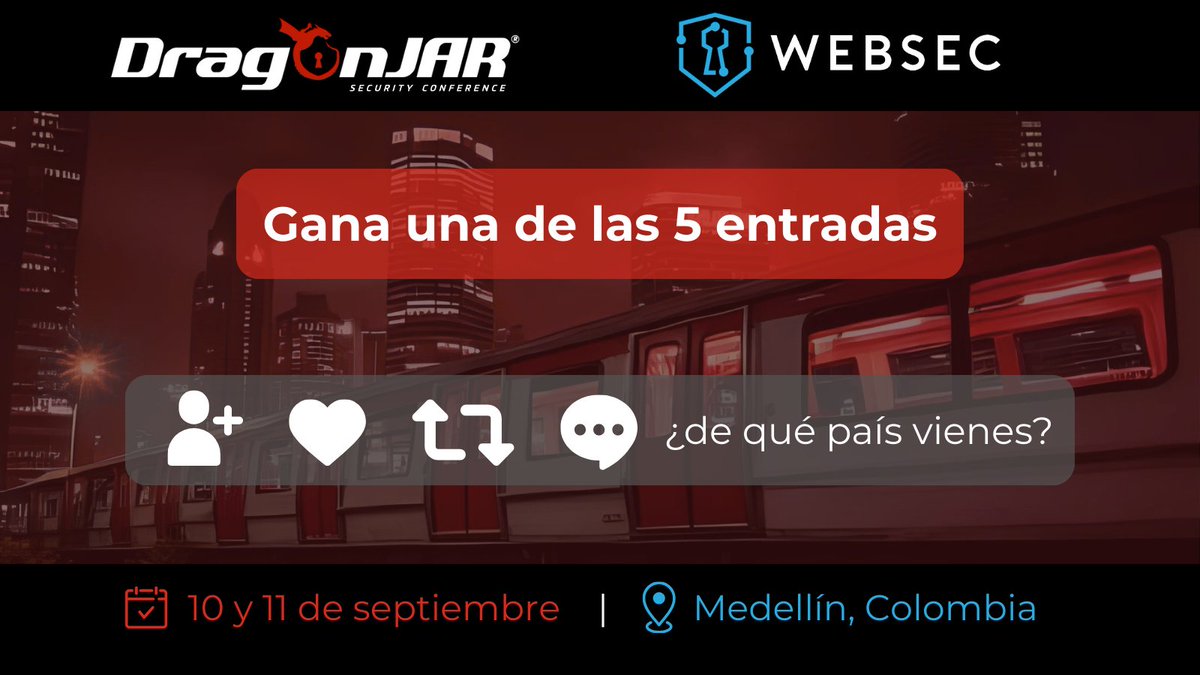Websec (@_websec) on Twitter photo ¡Falta poco para <a href="/DragonJARCon/">DragonJAR 🐉 Security Conference 🏴☠️</a>🐉! ¿Quieres ganar tu entrada? Síguenos, dale like, comparte, y comenta de qué país visitas para entrar en la dinámica 🎟️ Anunciaremos a los ganadores el miércoles 29/ago #Colombia #Cybersecurity ¡Falta poco para <a href="/DragonJARCon/">DragonJAR 🐉 Security Conference 🏴☠️</a>🐉! ¿Quieres ganar tu entrada? Síguenos, dale like, comparte, y comenta de qué país visitas para entrar en la dinámica 🎟️ Anunciaremos a los ganadores el miércoles 29/ago #Colombia #Cybersecurity