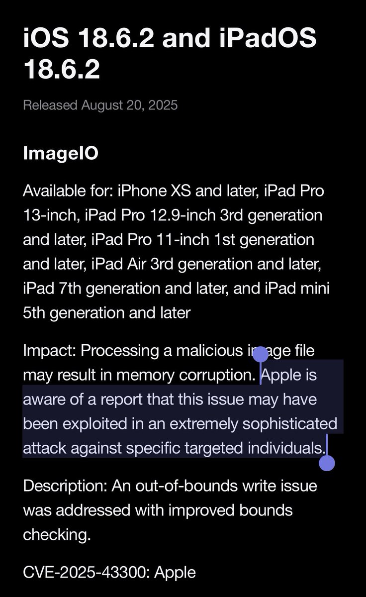 iOS 18.6.2 is out, patching an ImageIO bug that “may have been exploited” in sophisticated targeted attacks - update now 👉