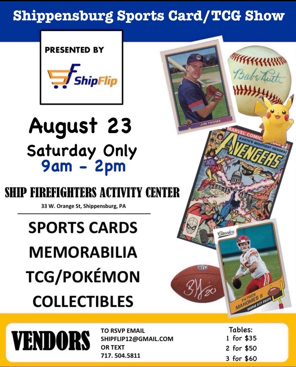 Sold out Sports Card/TCG show in Shippensburg, PA this weekend. 75+ tables. 🦀 kitchen is open. Breakfast &amp; Lunch on the menu. Giving away sealed wax. Giving away slabs and mystery packs. A dealer will win a free table at the next show. FREE ADMISSION! 🎟️