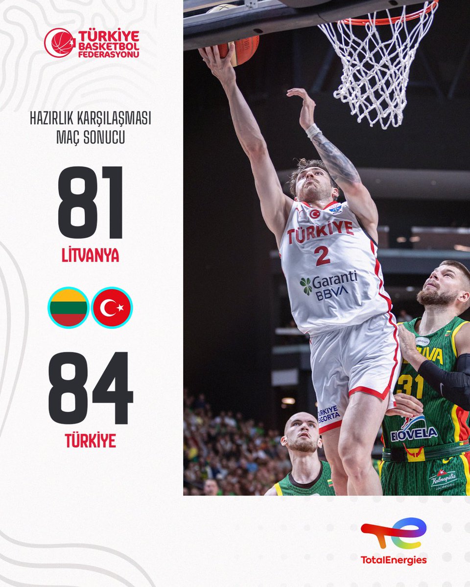 Hazırlık Karşılaşması Maç Sonucu

A Erkek Milli Takımımız, FIBA 2025 Avrupa Şampiyonası hazırlıkları kapsamında karşılaştığı Litvanya’yı deplasmanda 84-81 mağlup etmeyi başardı.

🇱🇹 Litvanya 81-84 Türkiye 🇹🇷

<a href="/te_istasyonlari/">TotalEnergies İstasyonları</a> 

#BizBirlikteyiz