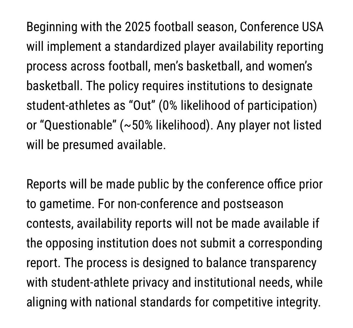 Sidelines - MTSU (@ssn_mtsu) on Twitter photo A couple of changes are coming to <a href="/ConferenceUSA/">Conference USA</a> this year for football/basketball.
CUSA will implement a collaborative replay system, which will utilize multiple camera feeds to ensure an accurate ruling.
CUSA will ALSO begin implementing standard availability reports A couple of changes are coming to <a href="/ConferenceUSA/">Conference USA</a> this year for football/basketball.
CUSA will implement a collaborative replay system, which will utilize multiple camera feeds to ensure an accurate ruling.
CUSA will ALSO begin implementing standard availability reports