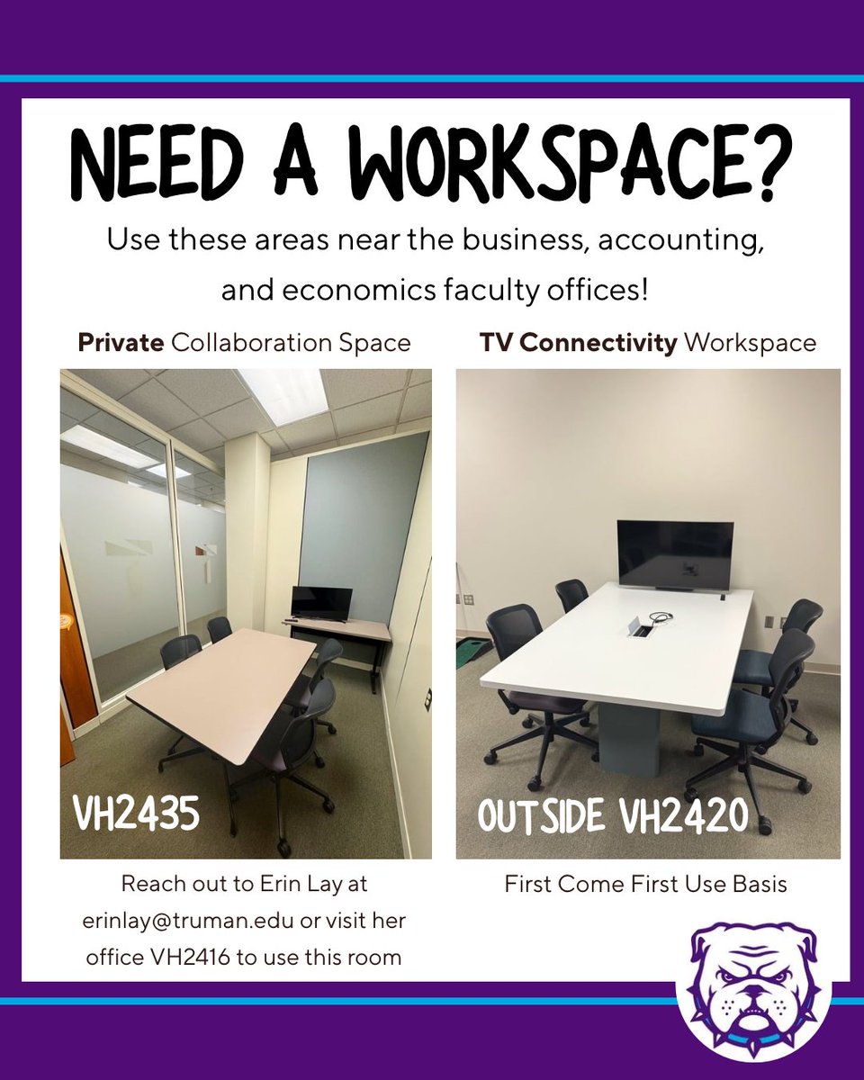 TrumanBusiness's tweet photo. Need a place to collaborate? Practice a presentation? Connect to a bigger screen for group work or efficiency? We have a place for that in Violette! https://t.co/l1bI03MmtB