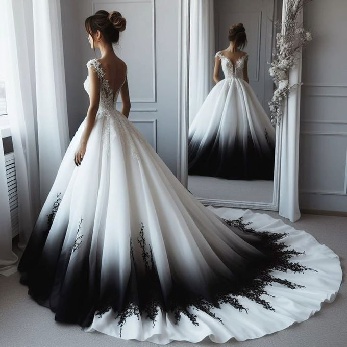"Elegant ombre wedding gown with a stunning black-to-white gradient, perfect for a unique and sophisticated bridal look. "