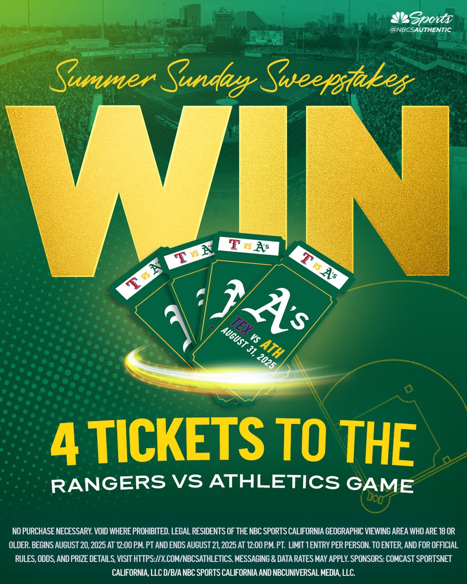 Baseball, hot dogs, and hanging with your people on a Sunday🤩

We're giving away four (4) tickets to watch the <a href="/Athletics/">Athletics</a> take on the Texas Rangers on Sunday, August 31!

Here’s how to win 👇
1️⃣ Follow <a href="/NBCSAthletics/">Athletics on NBCS</a>
2️⃣ Retweet this post
3️⃣ Tag a friend in the replies